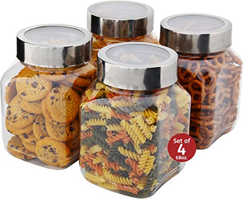 Plastic Storage Jars With Lids; Milton Food Storage Containers 4 Pack 67 oz. Clear Square Lightweight PET Canisters;Wide-Mouth, Airtight Lids Caps; Large Big Clear Empty Multi-Purpose Jars BPA Free