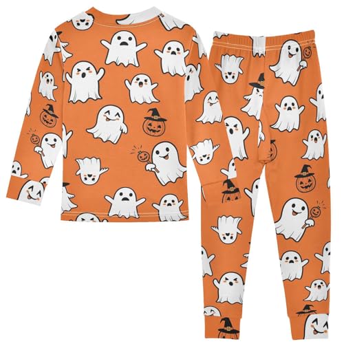 Pajama Sets Long Sleeve Halloween Ghosts on Orange_1 Soft Comfy Sleepwear 2 Piece PJS 3-8T3