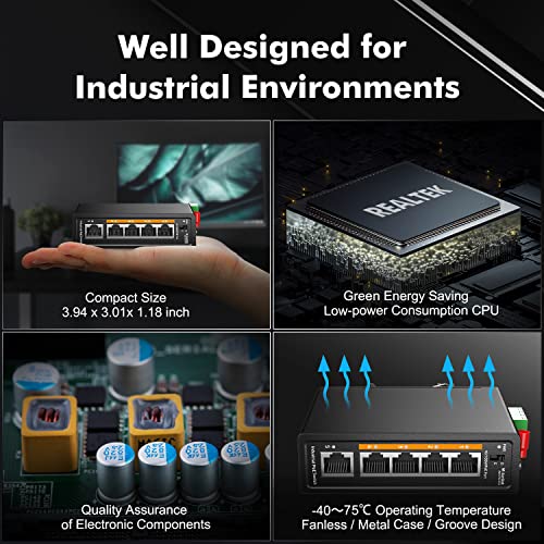 Image of MokerLink 5 Port PoE+ Industrial Din Rail Switch, 4 Ports PoE+ IEEE802.3af /at, 1 Uplink, 10 /100Mbps Fast Ethernet, DIN-Rail & Wall Mount Included