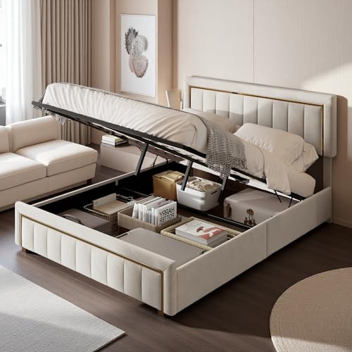 HYNHXBP Cama Doble 140x200 cm, cabecero de Terciopelo Beige con Ribete Dorado, canapé con somier de láminas, Cama tapizada, Apta para Adultos y Adolescentes, colchón no Incluido