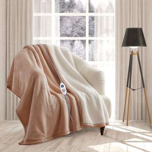 rejuvopedic Electric Heated Blanket Throw Fleece Sherpa EXTRA LONG 180cms, (Coffee) 6 Heat Settings, Auto Shut Off, Machine Washable