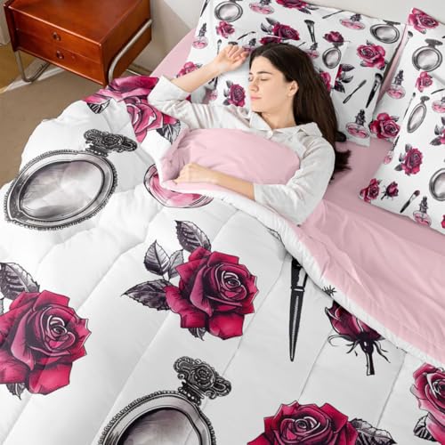 Image of 7 Pcs Pink Rose Queen Size Bedding Sets Girly Lady Makeup Perfume Comforter Set Vintage Sketch Roses Romantic Style Bed in a Bag with Comforter,Flat Sheet,Fitted Sheet,2 Pillowcases,2 Pillow Covers