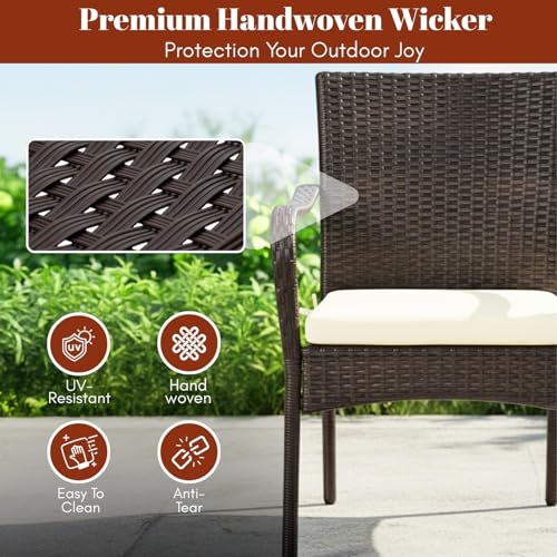 Image of DEVOKO Outdoor Wicker 3-Piece Patio Bistro Furniture Set with Wooden Top Coffee Table All Weather Rust Proof Metal Frame for Balcony, Garden,Terrace(Dark Brown & Cream)