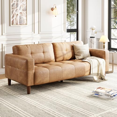 Image of GarveeHome 3-Seater Sofa Couch, 83 in Wide Faux Leather Sofa Couch with Spring Cushion, Modern Sofa with Deep Seats and 2 Removable Back Cushions, for Living Room, Bedroom, Apartment, Office, Brown