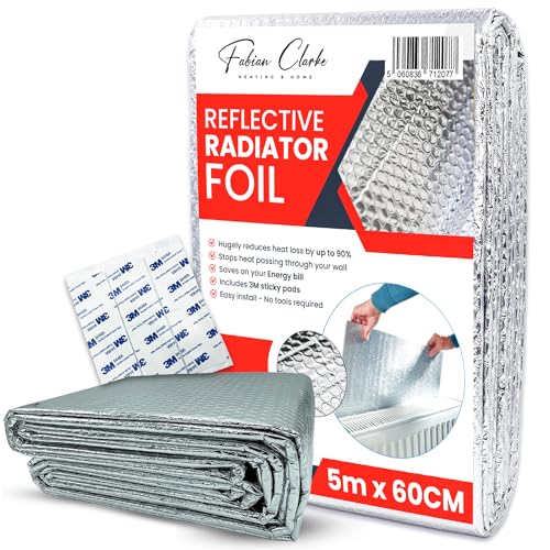 Radiator Foil Reflector Roll 5m x 60cm Heat Reflective Radiator Foil Panels and Insulation Sheet Radiator Reflector Foil for Behind Radiators Thermal Radiator Insulation Includes Sticky Pads