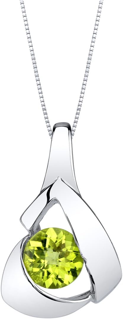 PEORA Sterling Silver Chiseled Solitaire Pendant Necklace for Women in Various Gemstones, Round Shape 6mm, with 18 inch Italian Chain