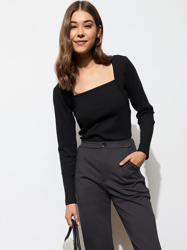 Image of barcino Black Rib Stitch Square Neck Full Sleeves Top