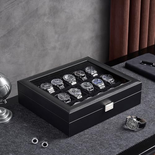 Image of ProCase Watch Box Organizer, 18 Slot Watch Display Case, Allblack | Watches Storage Boxes Holder for Men Women, Large Glass Lid, Removable Pillows, Anniversary Christmas Birthday Gifts