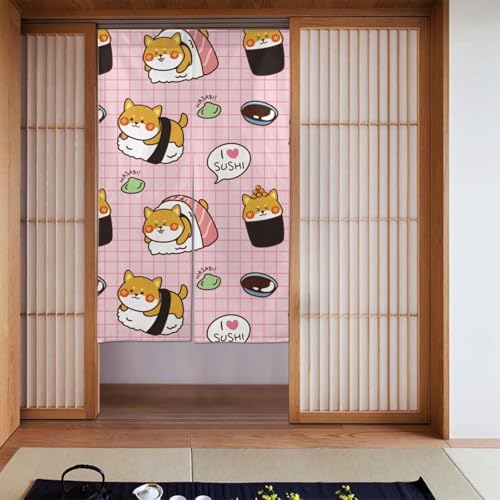 柴犬 犬柄 萌え かわいい 寿司柄(1) アニメ 間仕切り のれん ロングカーテン 四季兼用 暖簾 和風 おしゃれ 遮光のれん 幅86丈143cm U145