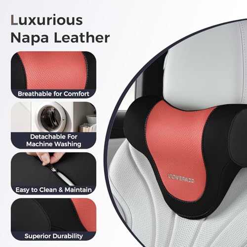 Image of Coverado Car Headrest Pillow, Ergonomic Memory Foam Car Neck Pillow for Driving Seat with Adjustable Strap, Soft PU Leather Breathable Removable Cover Neck Support for Neck Pain Relief, BlackRed