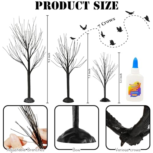 Warmtree 6 Pcs Halloween Village Trees Mini Decor Tree Artificial Tabletop Branch Trees, Halloween Village Accessories with Crows Figurine for Holiday Festival Decor