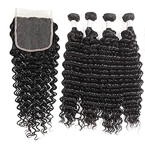 XYHair Brazilian Remy Deep Wave 4 Bundles with 44 Lace Closure Unprocessed Virgin Human Hair Weaves Extensions with Frontal(12121414+10,Natural Black)