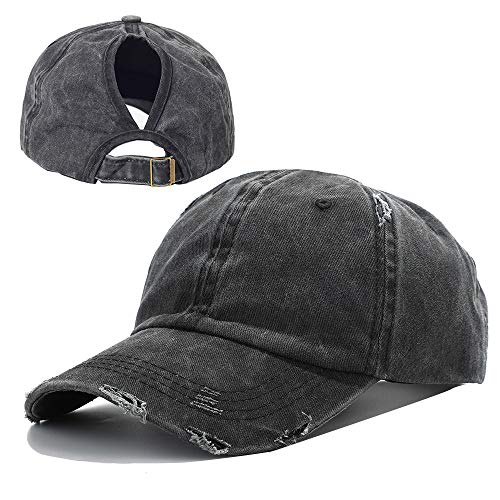 Vankerful High Ponytail Baseball Cap Unconstructed Washed Dad Hat Messy Bun Ponycaps Plain Hat Black
