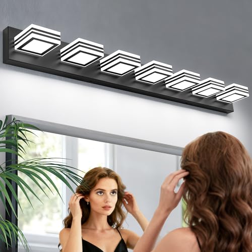 Image of SOLFART LED Modern Vanity Lights Fixtures: 7 Lights Acrylic Matte Black Modern Bathroom Wall Light Over Mirror 46inch
