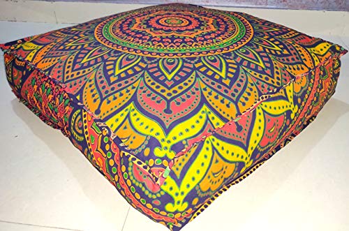 Indian Craft Castle New Blue Ombre 24" Mandala Barmeri Large Floor Pillow Cover Cushion Meditation Seating Ottoman Throw Cover Hippie Decorative Zipped Bohemian Pouf Ottoman Pom Pom Cases 24" Square #TOP4