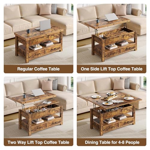 Rolanstar Lift Top Coffee Table with Drawers and Hidden Compartment, Multi-Function Convertible, Coffee Table Converts to Dining Table for Living Room, Home Office, Rustic Brown - Image 6