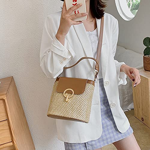 Small Straw Bucket Bags for Women Bags Lady Travel Purses and Handbags Female Shoulder Simple Bag Brown, Brown4