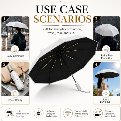 Image of STAR WORK UV Protection Travel Umbrella - Compact Folding Umbrella for Sun & Rain - Windproof, Waterproof, Auto Open /Close - Portable & Lightweight for Women & Men.