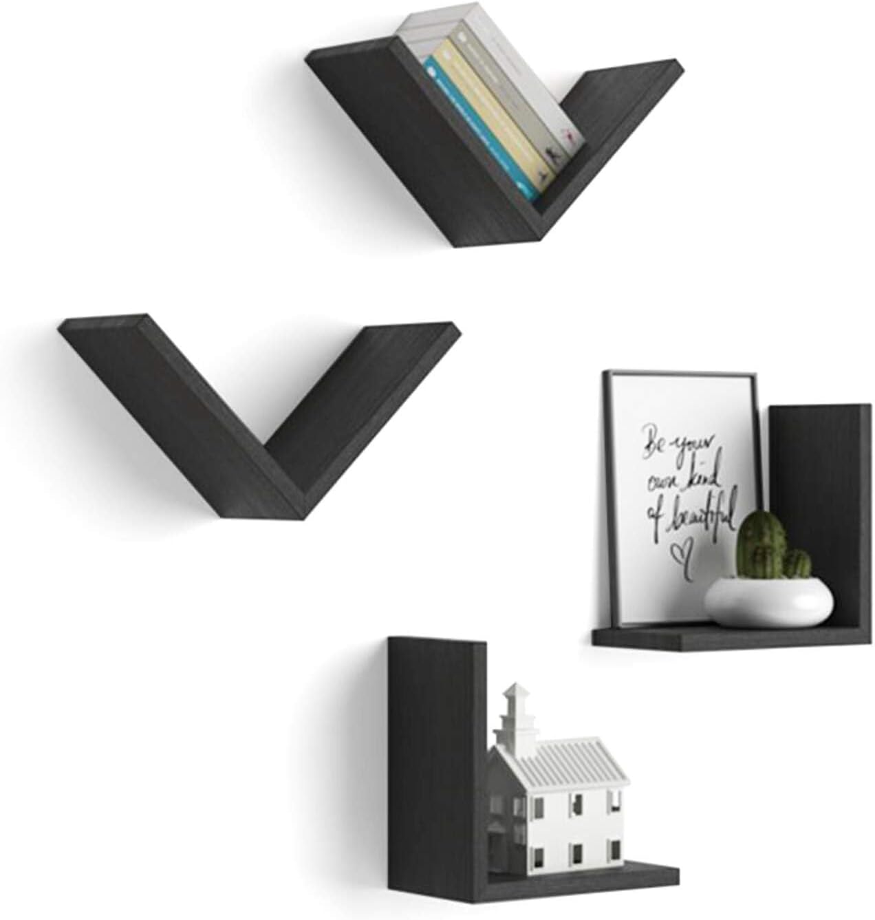 Mobili Fiver, A Set of 4 Giuditta V-Shaped Shelves, Ashwood Black, 9.8 "x5.9 x9.8, Melamine-Finished, Wall Mounted Shelves for Kitchen and Living Room, Italian Furniture