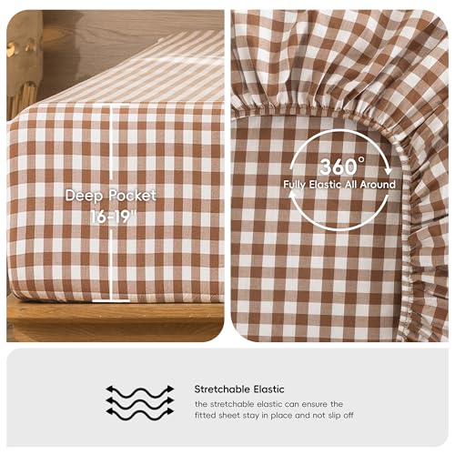 Image of MooMee Gingham Sheet Set 100% Washed Cotton Linen Like Textured Breathable Soft w / Fully Elasticized 16-19 inch Deep Pocket (Classic Gingham Dark Orange, Queen)