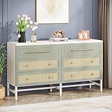 Tribesigns 6 Drawer Dresser, Modern Rattan Dresser for Bedroom, 55-inch Long Double Dresser Wood Storage Organizer Chest of Drawers for Closet Living Room, White and Green