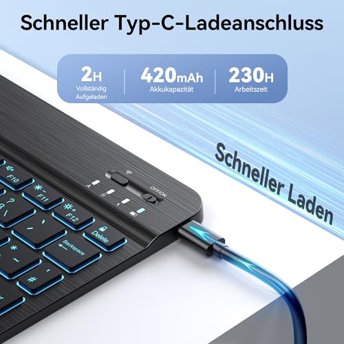 TECKNET Hülle mit Tastatur für iPad A16 11/10 Generation(2025/2022, 11/10.9 Zoll), 7 Farben Beleuchtete Magnetische Abnehmbare Keyboard QWERTZ, Schutzhülle mit Stifthalter für iPad 11./10., Schwarz 4