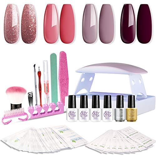 Sexy Mix Gel Nail Polish Kit with Nail Light, Soak Off Gel Nail Polish 4 Colors 7ml, with 6W Portable Mini Nail Lamp, Base and Top Coat, DIY Manicure Gel Nail Kit for Starter