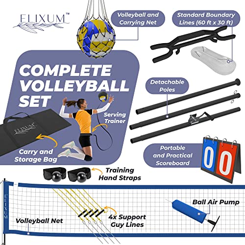 Elixium Volleyball Net Set - Heavy Duty Steel Poles For Outdoor/Backyard/Beach - Portable And Adjustable Tension With Winch System - Includes Scoreboard, Ball Carry Net, Spike Trainer And Hand Strap #TOP5