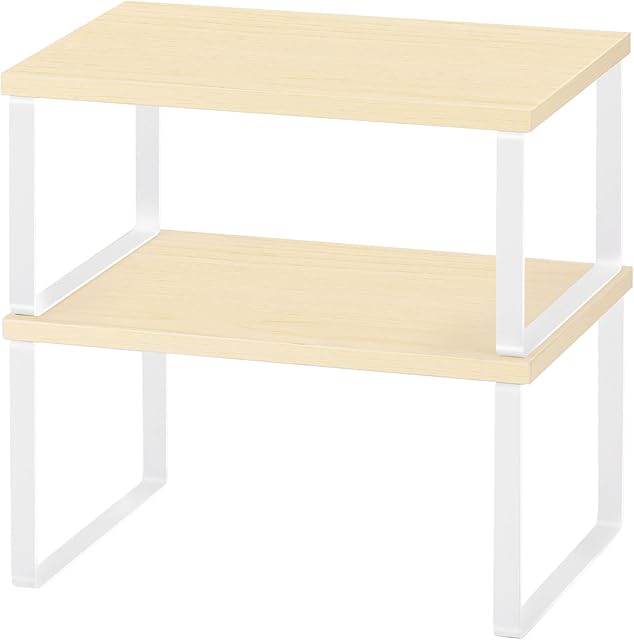 Kitchen Cupboard Storage Shelf Organiser Set of 2 Stackable Countertop Cabinet Organiser Shelves Expandable Kitchen Storage Shelves for Spice Bottle White Wood