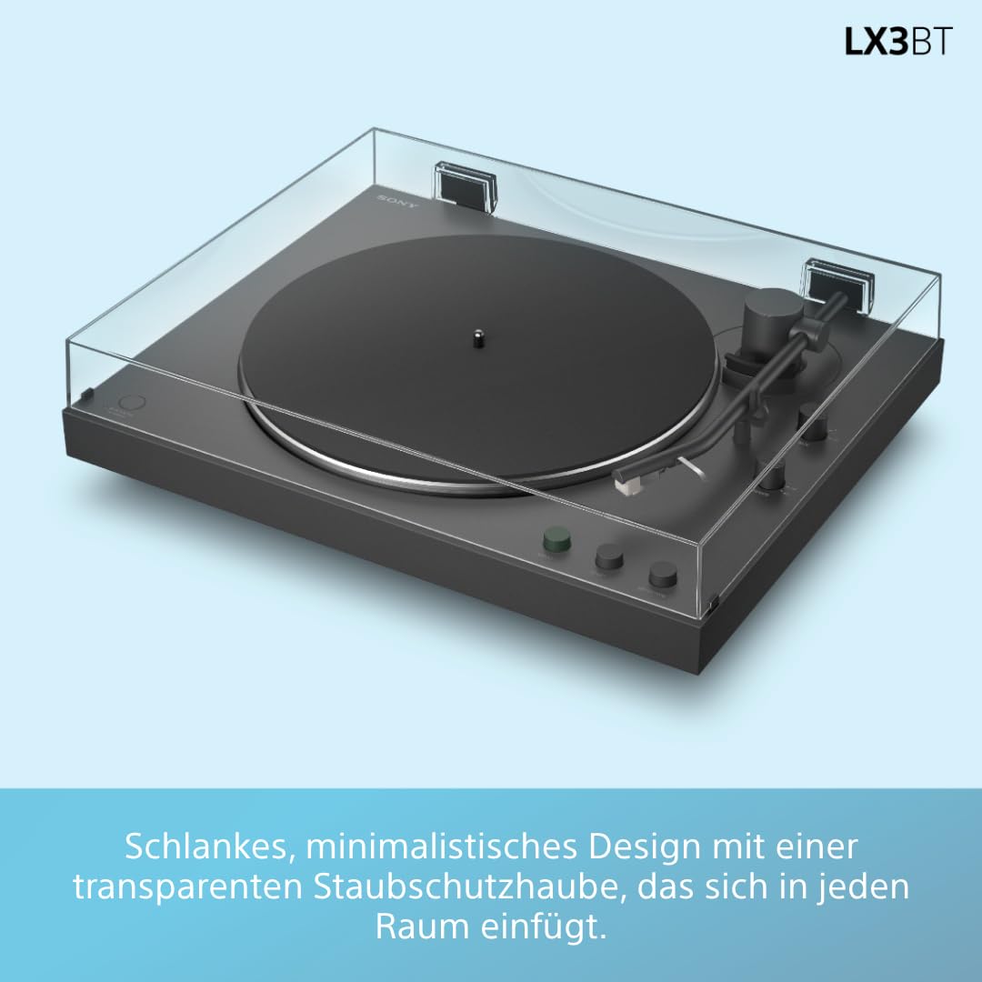 Sony PS-LX3BT kabelloser Bluetooth-Plattenspieler mit vollautomatischer Wiedergabe, Hi-Res Audio, Riemenantrieb, integriertem Phono-Vorverstärker, 2 Geschwindigkeiten und Staubschutzhaube – Schwarz