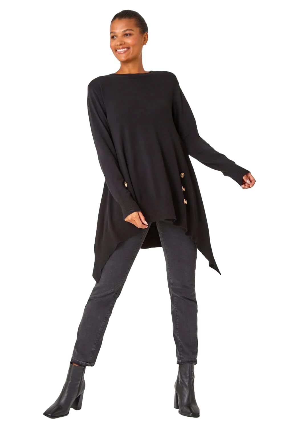 Roman Women's Black Buttoned Side Hanky Hem Jumper In | : Size 16