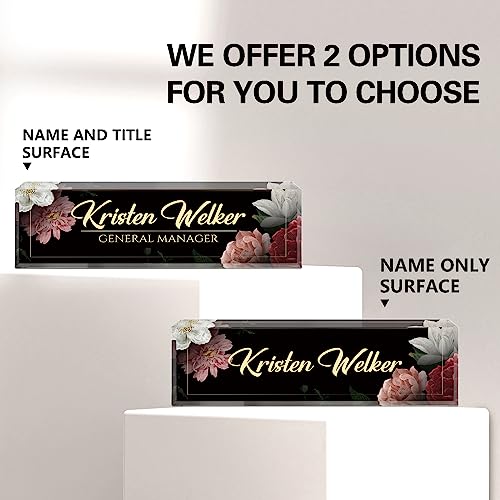 Image of Name Plate for Desk, Desk Name Plate Personalized, Office Decor for Women Men, Acrylic Desktop Accessories, Office Appreciation Gifts for Boss Social Workers Nurse Teacher Employee (Black /Flowers)