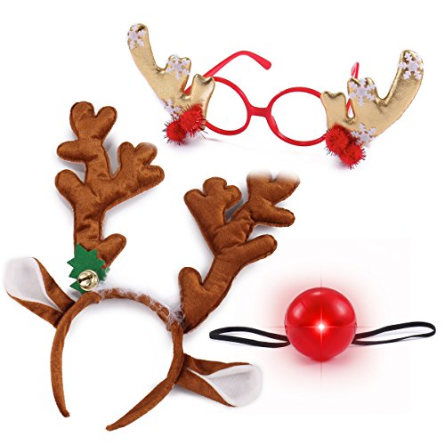 JOYIN Reindeer Antler Headband set with LED red nose and Gold glasses, ONE SIZE FIT ALL