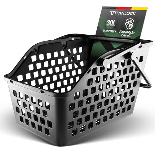 TITANLOCK SafeRide Basket - Cesta para bicicleta (capacidad de 30 l, capacidad de carga de 25 kg, montaje rápido y fácil de cerrar)