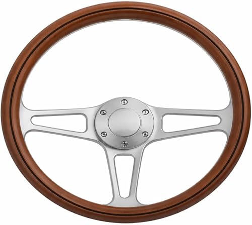 6 Pin Universal Alloy Steering Wheel with Wooden Rim, 3-Spoke Design, Silver Brushed Finish