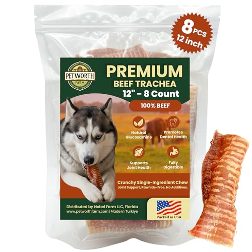 Petworth Farm 8 Pack 12 Inch Beef Trachea Dog Chews Single Ingredient Crunchy Dental Treats Natural Joint Support Chews Rawhide-Free High Protein Dog Treats for Large Dogs