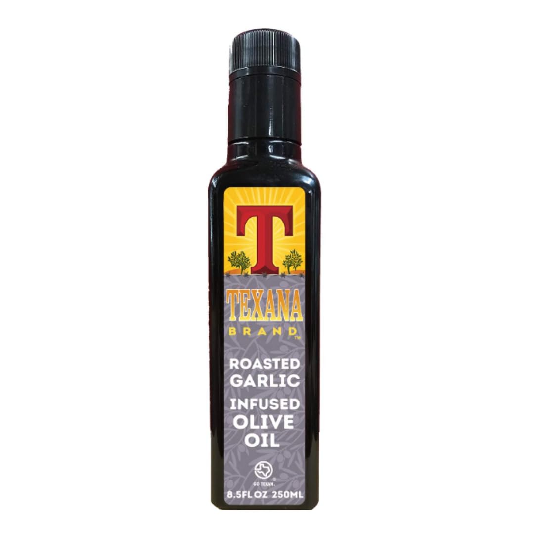 Texana Brand Roasted Garlic Infused Olive Oil- 250ml (8.5oz) Bottle- 100% Arbequina Olives USA Made & Texas Sourced- Non-GMO, All-Natural, Gluten-Free