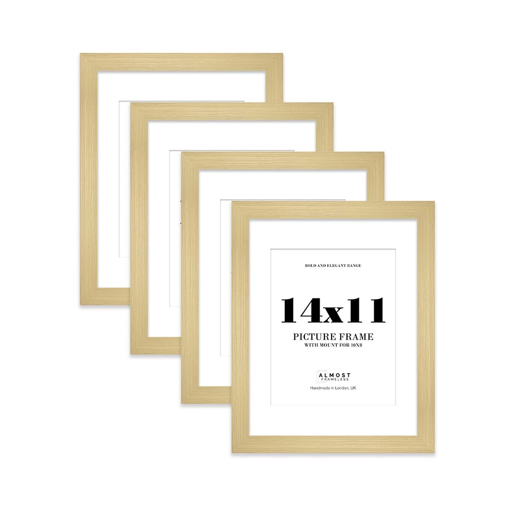 14x11 Gold Frame With Mount for 10x8 Pictures 28mm Edge Portrait and Landscape Display with Wall Hooks and Kickstand, 4 Pack