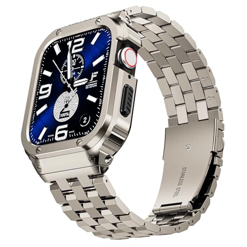Image of SUPLINK Stainless Steel Case Bands Compatible with Apple Watch Series 10 42mm Band /Apple Watch Series 11 42mm Band, Metal Rugged Protective Bumper Case for iWatch Bands Men(Titanium Color)