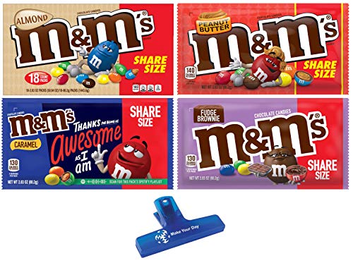 M&M's Candy Variety, Almond, Peanut Butter, Caramel, and Fudge Brownie, 2.83 Ounce Share Size (Pack of 4) - with Make Your Day Bag Clip
