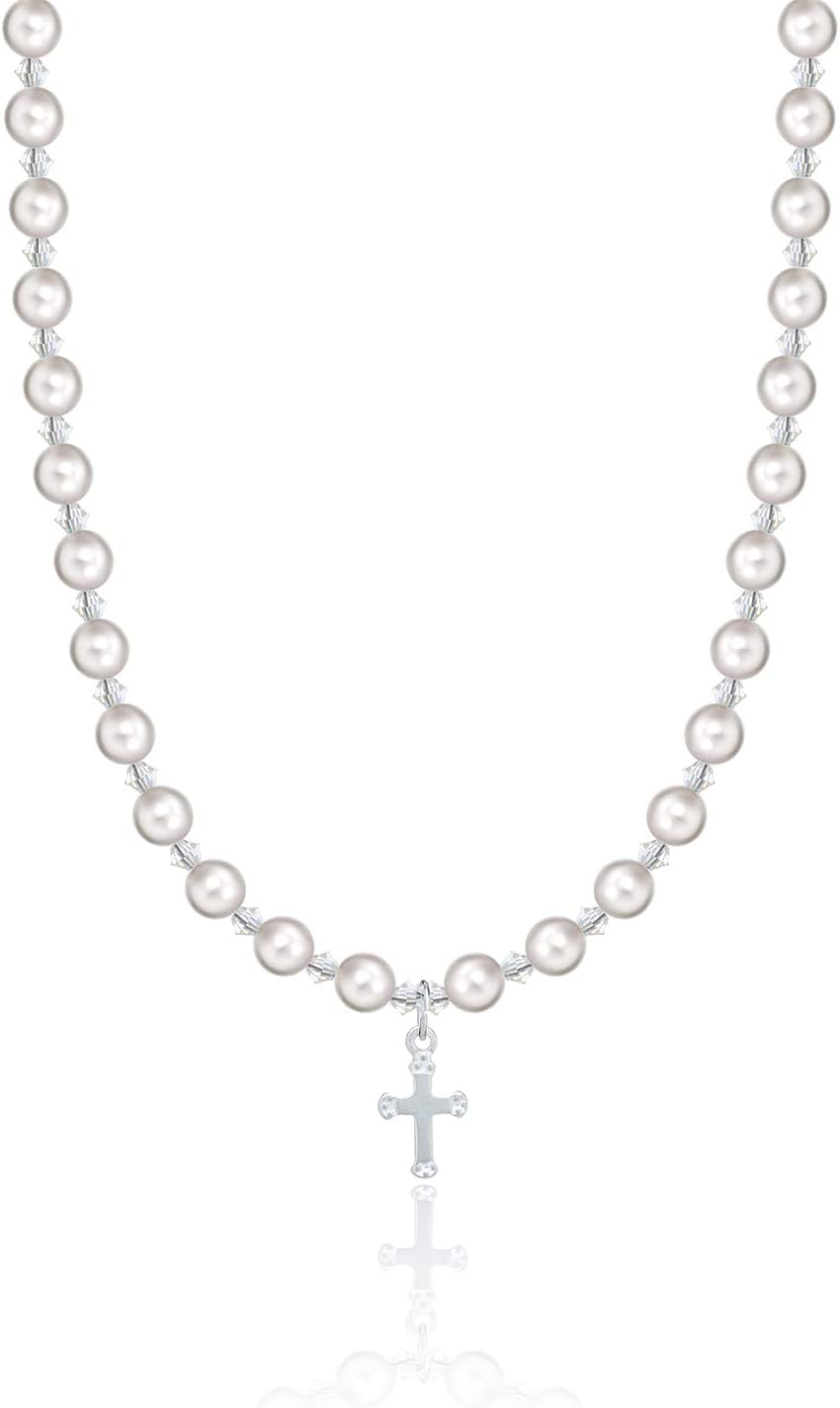 Christening Sterling Silver Child Necklace with Cross Charm and White European Simulated Pearls and Crystals (NCRSE)