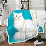Weiße Katze Sherpa Decke 130x170 cm – Warme & flauschig, Tiere Kuscheldecke für Kinderzimmer, Sofa oder als Bein-Decke, Weiche Wohndecke zum Relaxen
