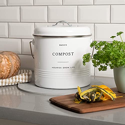 D’lifeful Farmhouse Compost Bin For Kitchen Indoor – 1.3 Gallon Carbon Steel Countertop Compost Bin – Sealed With Airtight Lid - Compost Pail Or Compost Bucket With 6 Charcoal Filters – Stylish, White #TOP5