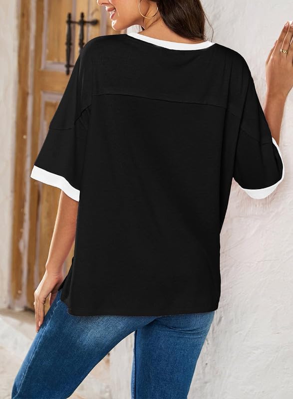 Dokotoo Summer Tops for Women 2026 Loose Oversized T Shirts Crewneck Color Block Side Slits Basic Tee Blouses - Image 2