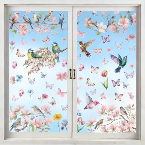 9 Blatt Fenstersticker Frühling, Fensterbilder Blumen Vogel für Glas, Wiederverwendbar Fensteraufkleber mit Pfirsichblüte Magnolie Ganseblumchen