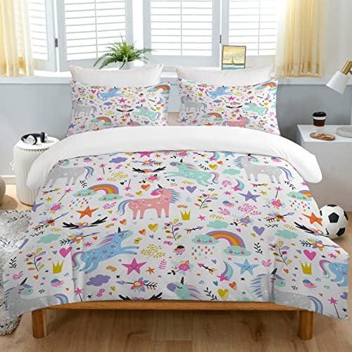BEDMUST Unicorn Duvet Cover Queen Soft Cute Unicorn Rainbow Bedding Set with Flowers Leaves Clouds Stars Birds Print Pattern 3 Piece Unicorn Bed Set for Kids Girls Boys