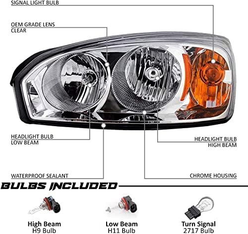 EPIC LIGHTING AMOE Style Replacement Chrome Halogen Headlights Compatible with Chevrolet Chevy 04-07 Malibu 04-07 Malibu Maxx 08 Malibu Classic [ GM2502235 15851373 GM2503235 15851372 ] Pair
