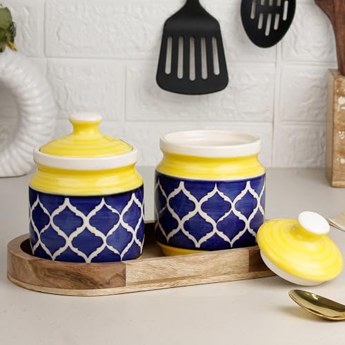 Image of The Earth Store Yellow Blue Moroccan Ceramic Jar with Wooden Tray | 600ml Each | Pickle Jar | Kitchen Storage Container Set for Pickle, Cookies, Sugar, Tea, Coffee - 2 Jars & 1 Tray Combo Set