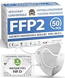 ADESTE – 50 Masques FFP2 NR D Blancs Certifiés CE, approvisionnement contrôlé, élastiques confortables, hypoallergéniques et réglables. EFB 99,5%. Emballage individuel