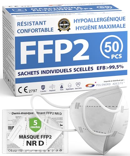 ADESTE – 50 Masques FFP2 NR D Blancs Certifiés CE, approvisionnement contrôlé, élastiques confortables, hypoallergéniques et réglables. EFB 99,5%. Emballage individuel